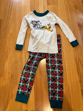 Hanna Andersson Cream Top with Teal Trim & Red Green Plaid Mickey Pajama Set